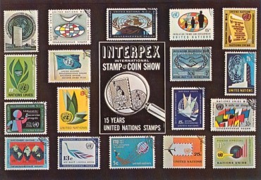 Pictured is a postcard advertisement for the Interpex International Stamp & Coin Show featuring an array of "Fifteen Years of United Nations Stamps".  Such stamps fall into the Topical Stamps category.  The original unused postcard is for sale in The unltd.com Store.